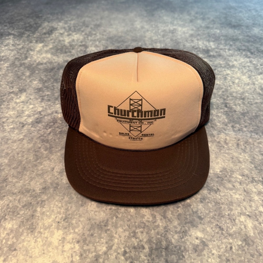 VTG Churchman Equipment Co Trucker Hat Snapback Brown Tan Construction Mesh 80s